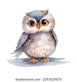 Cute Watercolor Owl In Natural State Standing Gracefully