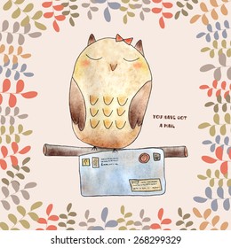 Cute watercolor owl sitting on the branch with letter