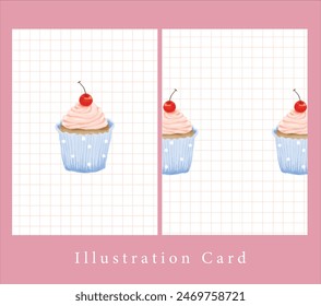 a cute watercolor painting of cupcake and cherry on top with white and pink check pattern. illustration birthday card.