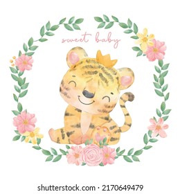 cute watercolor painting happy adorable baby tiger boy sitting in floral frame, nursery cartoon hand drawn animal illustration vector