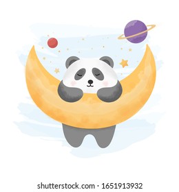 Cute watercolor panda cub on the cloud and moon and stars. Watercolor vector illustration