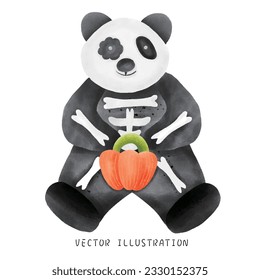 A cute watercolor panda dressed as a skull man for Halloween holding a pumpkin bucket