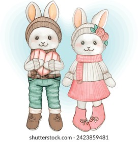 Cute watercolor pastel bunnies valentine greetings