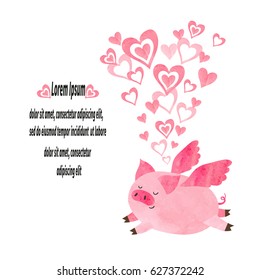 Cute watercolor pig in love. Vector illustration of flying piggy. Valentines Day card design. 