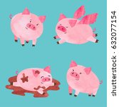 Cute watercolor pigs set. Vector cartoon illustration.