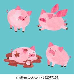 Cute watercolor pigs set. Vector cartoon illustration.