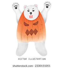  A cute watercolor polar bear dressed as a pumpkin for Halloween