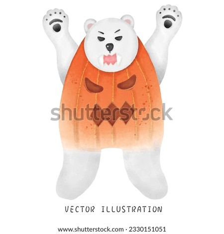  A cute watercolor polar bear dressed as a pumpkin for Halloween