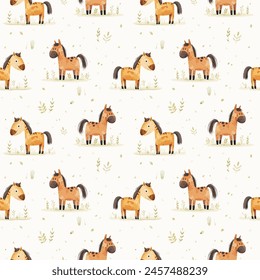 Cute watercolor ponies grazing in a meadow, seamless vector pattern