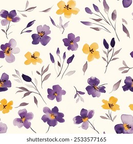 Lindo patrón transparente floral púrpura y amarillo acuarela con fondo de acuarela. Ilustración vectorial de flores. Impresión de acuarela en estilo rústico vintage, textil o Fondos de pantalla.