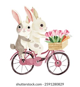 Cute watercolor rabbits riding bicycle with flowers