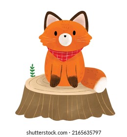 Cute Watercolor Red Fox And Tree Stump In Autumn Vector.