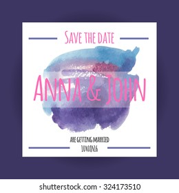 Cute watercolor save the date card with hand drawn background. Stock vector.