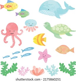 Cute Watercolor Sea Animals, Ocean