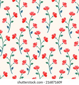 cute watercolor seamless background with red poppies. vector illustration