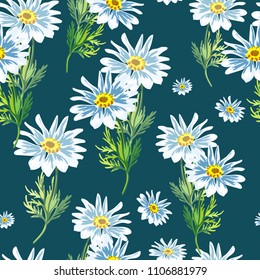 Cute watercolor seamless pattern with  chamomile small flowers on the dark background. Summer floral  illustration.Template for fashion prints, textile,fabric, wrapping gift paper.
