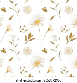 Cute Watercolor Seamless Pattern with daisy and cotton design