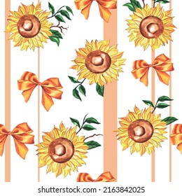 cute watercolor seamless silk pattern, satin bows of gold color and sunflower flowers on striped background. pattern with bow made of gold ribbon for fabric, bullet journal, packaging, booklet.