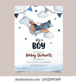 Cute watercolor sky scene illustration complete with airplane, garland, star and cloud. perfect for baby shower invitation card	