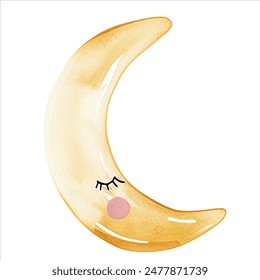 Cute watercolor sleeping moon with eyes. Magic childish decoration. Fairy illustration, pastel color. 