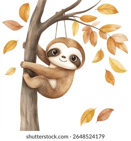 Uma preguiça de aquarela fofa paira de um galho de árvore, cercada por folhas de outono caindo. A preguiça tem uma expressão feliz.
