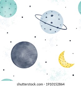 Cute watercolor space seamless pattern with planets, moon and stars isolated on white background. Hand drawn Scandinavian style.