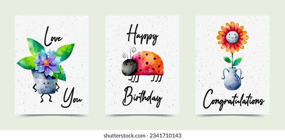 Cute Watercolor Spring Summer Vector Elements Greeting Card Set