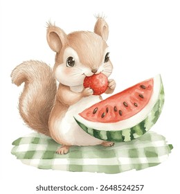 A cute watercolor squirrel, with fluffy tail, happily eating a red berry, next to a watermelon slice on a green checkered blanket.