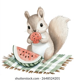 A cute watercolor squirrel happily eating a slice of watermelon, sitting on a checkered picnic blanket.