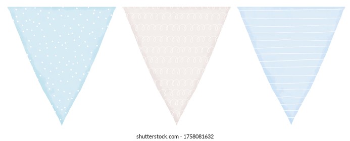 Banderas de Bunting de vectores de color de agua suave. Banderas de color azul y gris claro pastel con puntos, bandas y bucles de mano blanca dibujados de forma irregular. Decoración de fiesta de bricolaje. Decoración De Baby Boy Party.