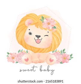 cute watercolor sweet floral baby lion wildlife safari animal hand drawn painting illustration vector