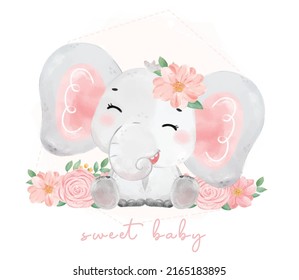 cute watercolor sweet floral baby elephant wildlife safari animal hand drawn painting illustration vector