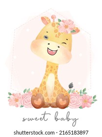 cute watercolor sweet floral baby giraffe wildlife safari animal hand drawn painting illustration vector