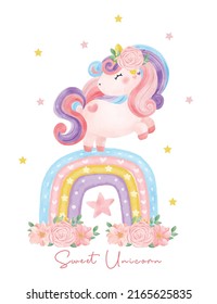 Cuta acuarela dulce floral mágico bebé unicornio con lentes de corazón parados en arco iris, dibujos animados de dibujos vectoriales, estilo vivero