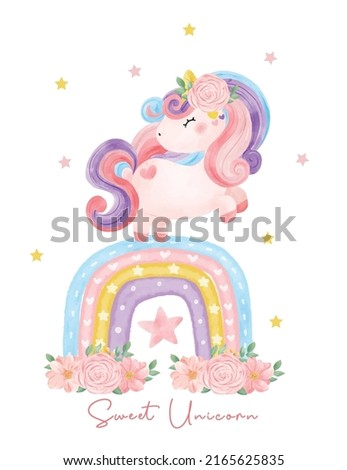 Cute watercolor sweet floral magical purple baby Unicorn with heart glasses standing on rainbow, cartoon doodle vector illustration, nursery style