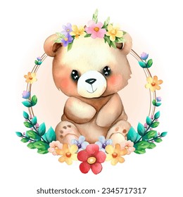 	
Cute watercolor Teddy Bear Animal With Wreath Clipart