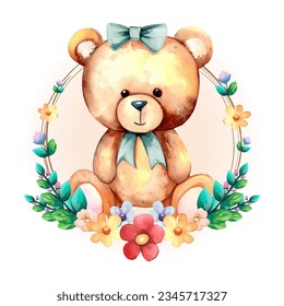 	
Cute watercolor Teddy Bear Animal With Wreath Clipart