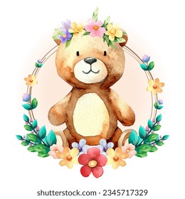 	
Cute watercolor Teddy Bear Animal With Wreath Clipart