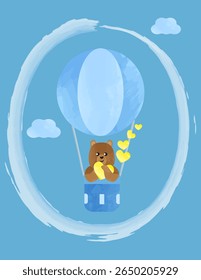 A cute watercolor teddy bear in a balloon among the clouds holds a yellow heart in its paws. Vector illustration
