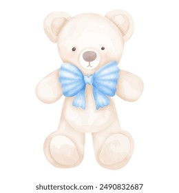 Cute watercolor teddy bear with a blue bow illustration