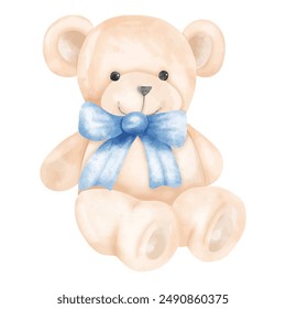 Cute Watercolor Teddy Bear with Blue Bow Illustration