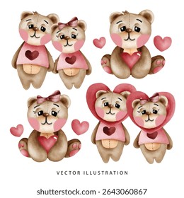 Cute watercolor teddy bear couple with hearts and pink accents sitting together in romantic poses for Valentine’s Day greeting cards, kids printables, and romantic baby shower designs