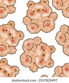 Cute watercolor teddy bear with heart cheeks and curly fur, seamless pattern background.