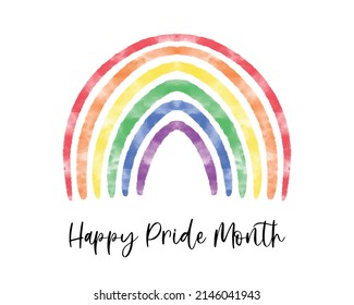 Cute watercolor textured rainbow. LGBT pride flag color symbol. Happy Pride Month text sweet greeting card, banner, social media template.
