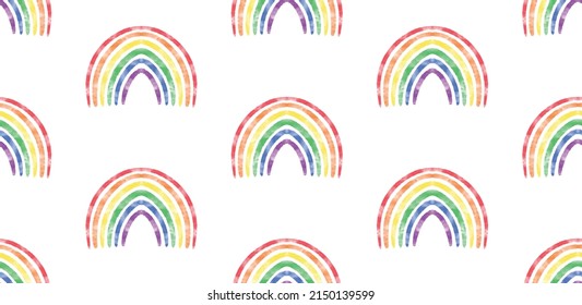 Cute watercolor textured rainbow seamless pattern. LGBT pride flag color symbol. Happy Pride Month sweet background backdrop design.