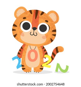 Cute watercolor tiger with colored numbers 2022 on white background. Symbol of new year. Vector illustration for postcard, banner, decor, design, arts, web, calendar, advirtising.