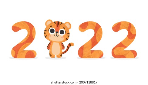 Cute watercolor tiger with ginger numbers 2022 on white background. Symbol of new year. Vector illustration for postcard, banner, decor, design, arts, web, calendar, advirtising.