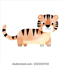 Cute watercolor tiger. Illustration of hand drawn tiger. Wild jungle safari animals.