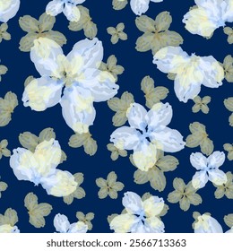 Cute watercolor transparent blue flowers on dark blue background with florets. Seamless pattern for print, wallpaper, wrapping-paper, cover, fabric, greeting paper, card. Vector illustration.