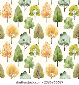 Cute watercolor trees seamless pattern. Autumnal trees wallpaper. Trendy scandi vector backgrounds
